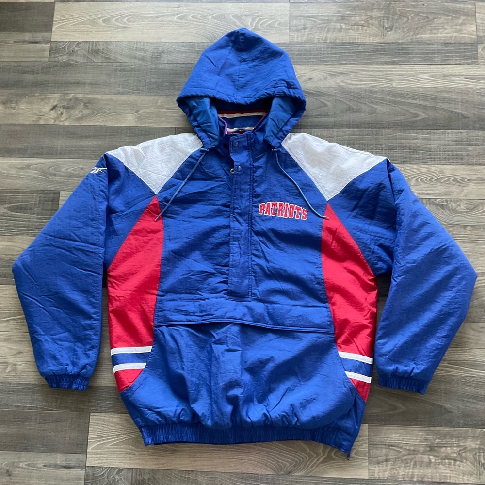 VTG Reebok New England Patriots Pullover Coat Men’s XL Royal Hooded Insulated